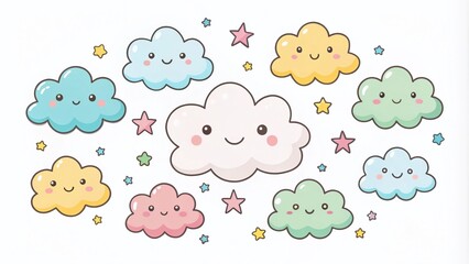 Colorful simple cartoon drawing of smiling clouds, stars, and other whimsical elements on a white background, perfect for children's illustrations or educational materials.