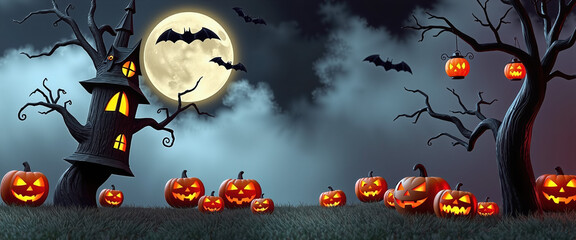 Halloween Haunted House with Jack-o'-Lanterns and Flying Bats - Spooky Night Scene