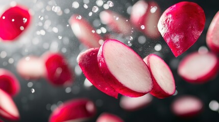 Dynamic Close-Up of Fresh Red Radishes in Mid-Air as They are Sliced for a Vibrant Culinary Experience