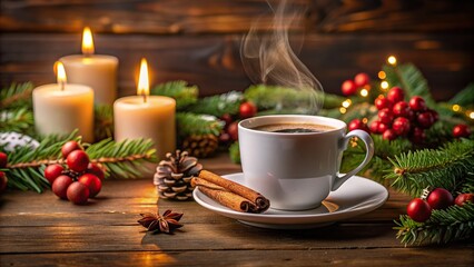 A cup of steaming hot coffee and a flickering candle sitting on a symmetrical table adorned with Christmas decorations, symmetrical, cup,coffee, decorations, candle, hot, Christmas
