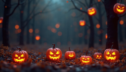 Spooky Halloween  Forest with  Jack-o'-Lanterns. Perfect For Banner, Greeting Card  Design, Social media and party Invitations!