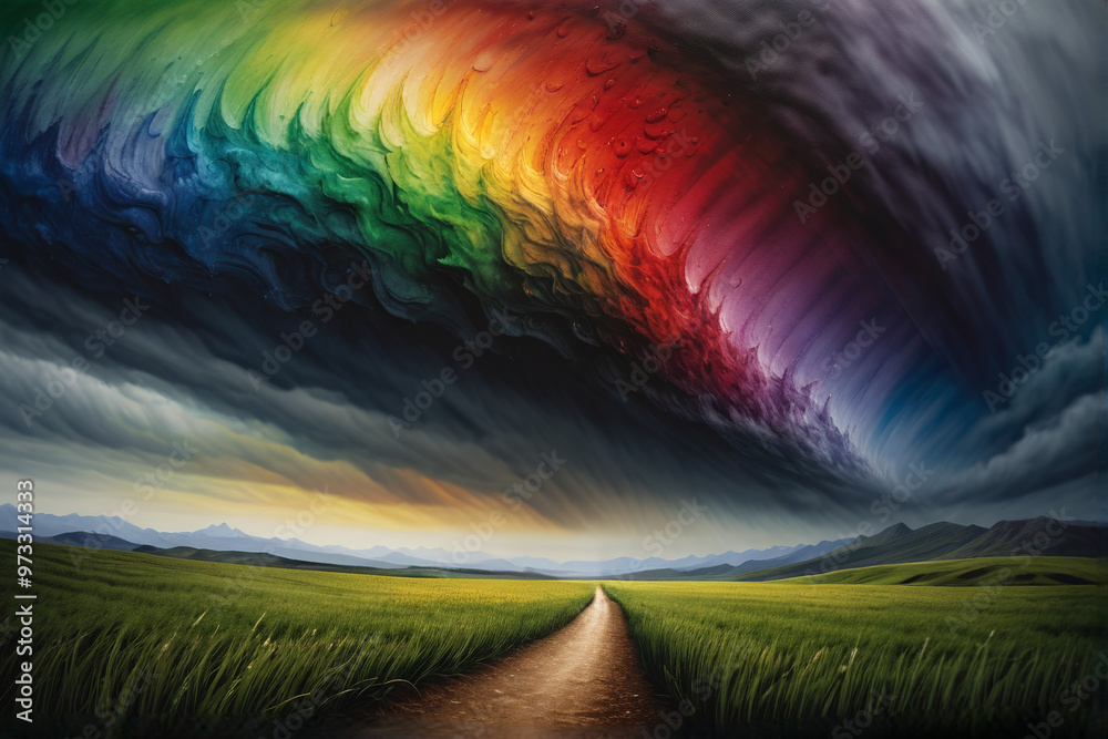 Wall mural landscape with rainbow, abstral background with paint