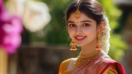 A beautiful Indian bride in a traditional gold and red saree, smiling and looking to the side with flowers in her hair.