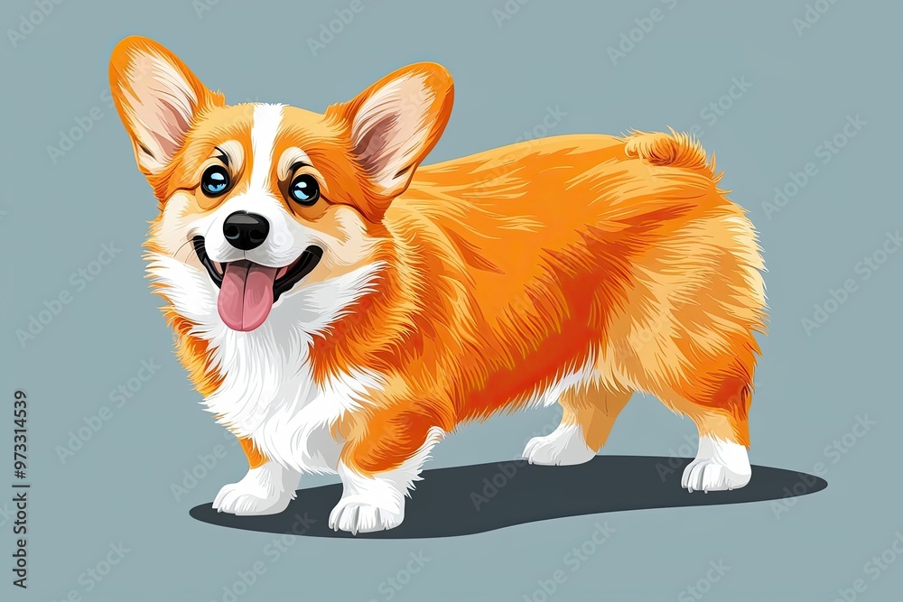 Wall mural Charming Fluffy Playful Orange Corgi Puppy with Sparkling Eyes and Happy Tongue in Energetic Pose - Minimalist 3D Pet Illustration