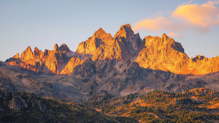 Obraz premium Golden hour light hitting range of jagged mountain peaks creates stunning view