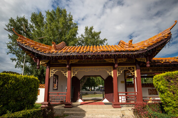 Chinese building in a garden on a sunny day in Vienna, Austria