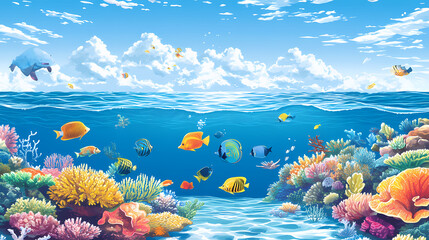 Great barrier reef with a variety of colorful fish swimming in the blue waters under a clear blue sky with white clouds. Great Barrier Reef. Illustration