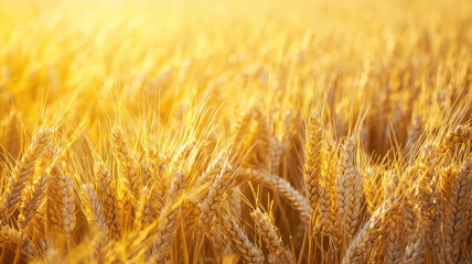 Golden wheat fields stretch to horizon, glowing in warm sunlight