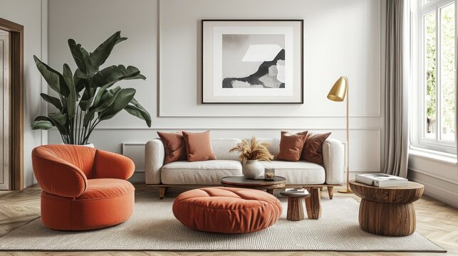 A modern living room with furniture and a poster frame mockup, showcasing home interior design in a contemporary style, rendered in 3D.