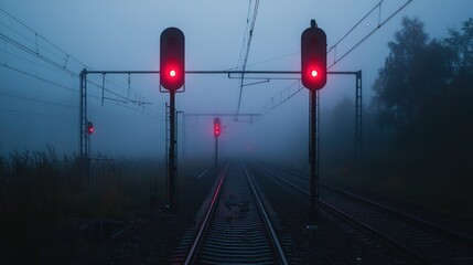 A mysterious railway track veiled in mist, with red signal lights and overhead power lines adding a sense of depth and intrigue, suggesting a journey shrouded in mystery and anticipation.