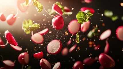 Dynamic Close-Up of Fresh Red Radishes in Mid-Air as They are Sliced for a Vibrant Culinary Experience