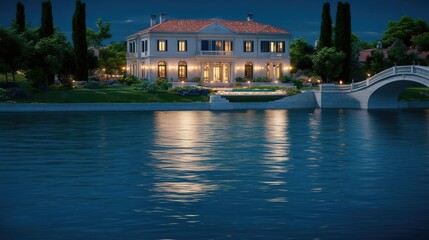 Obraz premium A magnificent Mediterranean-style mansion showcases large windows and red roof tiles, illuminated at dusk, offering spectacular views of the blue sea and lush surroundings