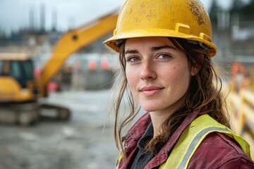 A portrait of a determined female construction worker, helmet in hand, at a job site.