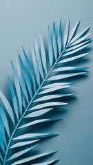 Top view of blue minimalistic paper cut palm leaves on blue background with copy space, panoramic shot