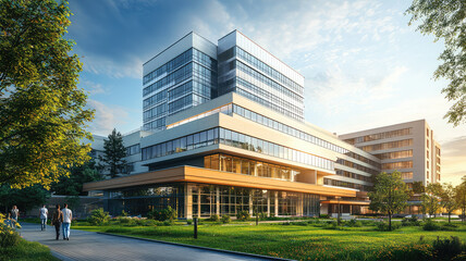 Fototapeta premium Modern hospital building next to public park with patients enjoying outdoors