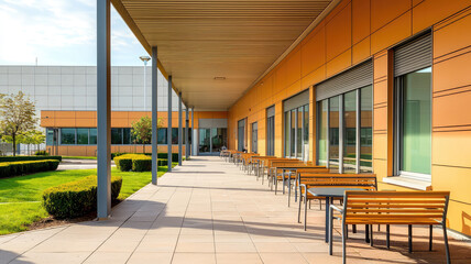 Outdoor seating area at modern hospital building, featuring greenery and sunlight
