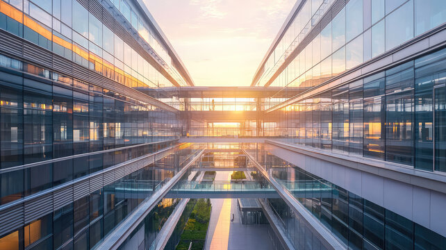 Modern hospital campus with multiple buildings connected by walkways, bathed in sunset light