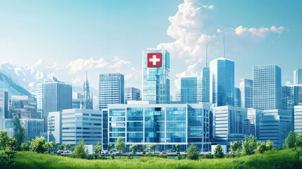 Obraz premium A modern hospital building surrounded by vibrant cityscape with urban life