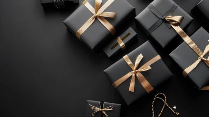 Black background with black elegant gift boxes and shopping bags.