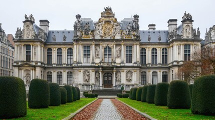 A grand, symmetrical palace with a stone facade and a  pathway leading to the entrance. The palace is surrounded by manicured lawns and hedges.
