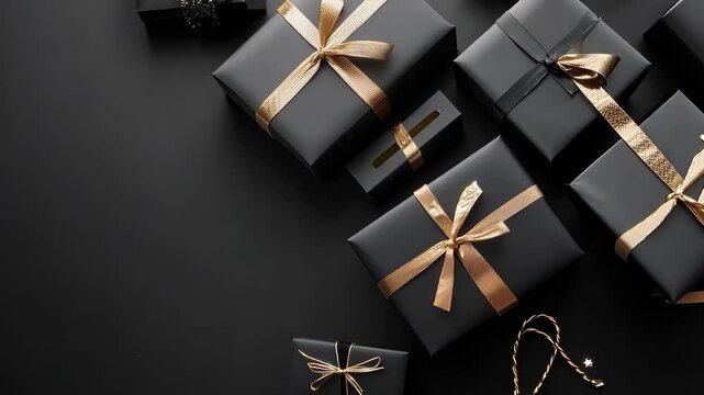 Black background with black elegant gift boxes and shopping bags.