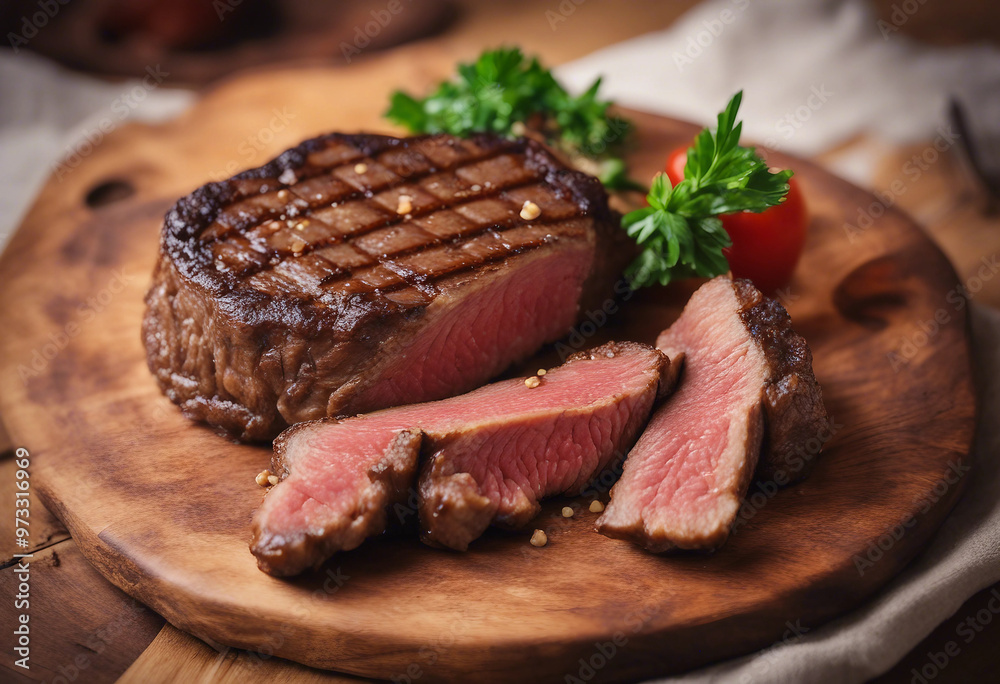 Wall mural delmonico steak on wooden plate isolated on white background