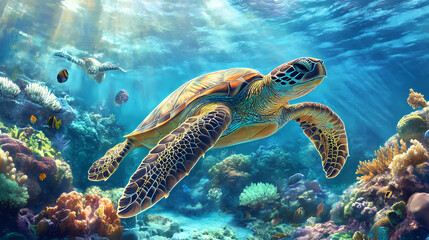 Turtle dwelling in the immense great barrier reef. Great Barrier Reef. Illustration