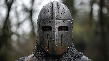 Naklejka premium Medieval helmet with face guard, showcasing historical craftsmanship and strength