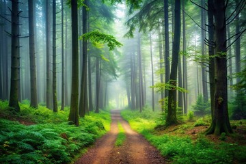 Obraz premium A mysterious path leads through a dense and misty forest with tall trees and lush vegetation, path, landscape, enchanting, ethereal, ambiance, tranquility, atmospheric, vegetation, pathway