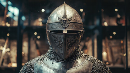 Fototapeta premium Medieval knight helmet with crest, showcasing intricate details and craftsmanship