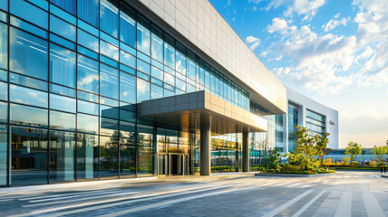 Obraz premium Modern hospital building with large glass windows and beautiful landscaping