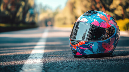 Colorful motorbike helmet resting on road, showcasing vibrant decals