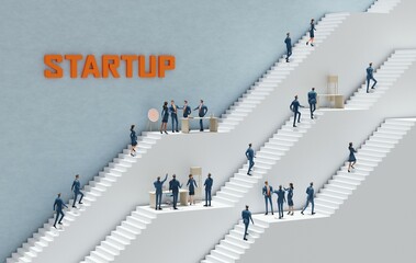Obraz premium Groups of Business people are working in an Abstract environment with massive white stairs representing career, business, start up, professional perspectives. 3D rendering illustration