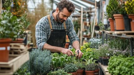 Man Selecting Outdoor Plants in a Nursery