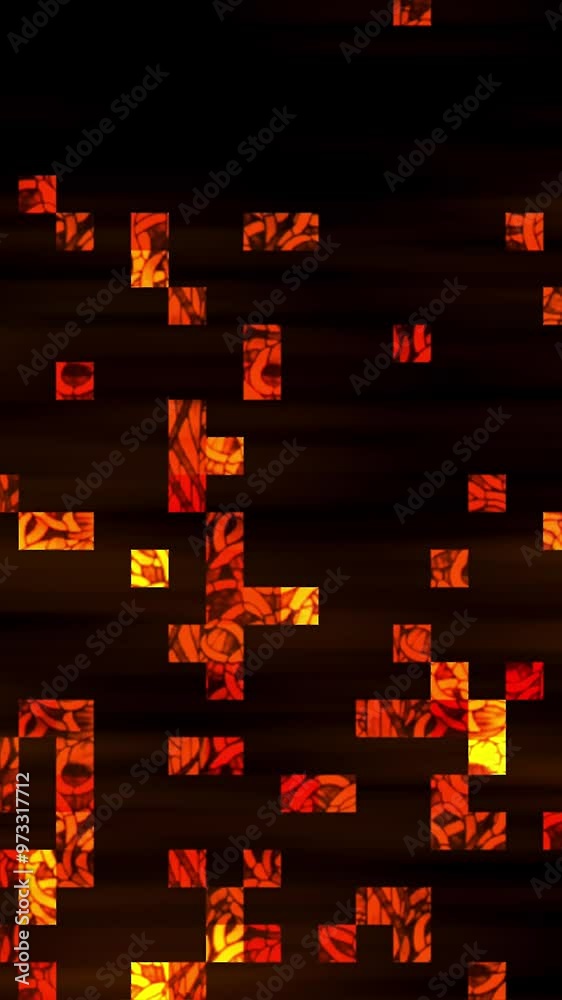Poster fiery red orange squares with pixelated effect on a dark background, abstract autumn lights design