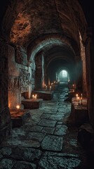 Fototapeta premium A dark, narrow passage with a stone floor and a stone archway