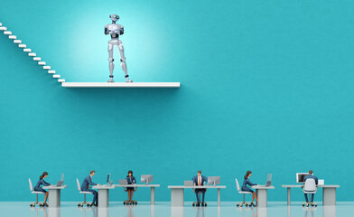 Robots, artificial intelligent being introduced to business people, People working and cooperating with robots and AI. 3D render illustration