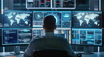 Man Working on Multiple Screens in Dark Room with World Map on Screen - Powered by Adobe