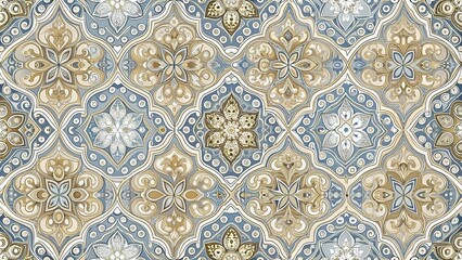 Abstract pattern in gray, beige, blue tones with gold spots