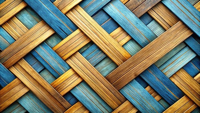 Abstract pattern formed by interlocking wooden planks in shades of blue and gold