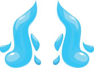 Fototapeta premium Two cartoon style blue splashes of water flowing downwards with little droplets around