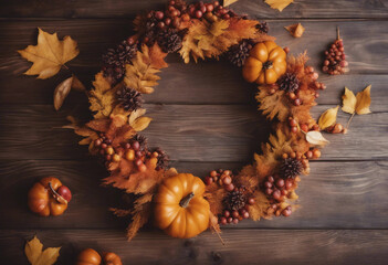 Fall autumn wreath on wooden brown table