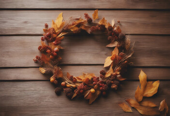 Fall autumn wreath on wooden brown table