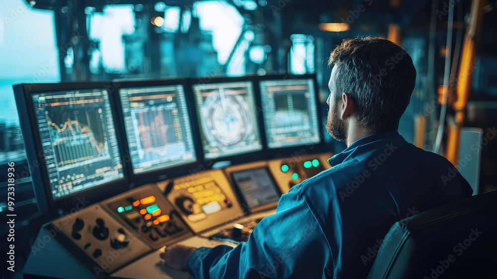 Poster oil platform control room with monitors displaying data and graphs