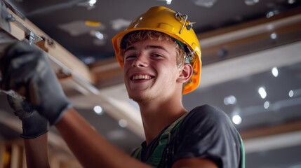 Happy Young Construction Worker Wearing a Yellow Hard Hat Smiling During Work on a Building Site