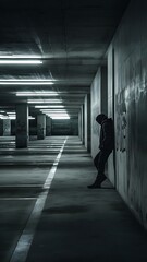 Empty commercial parking garage with a grunge concrete brick wall, overhead lighting and pillars with empty bays