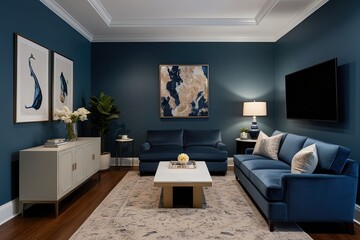 Stylish Nighttime Lounge with Spacious Navy Walls Chic Side Unit and Versatile Screen