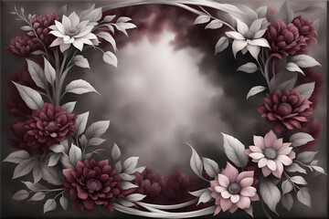 floral frame design featuring an array of enigmatic shadow draped flowers and foliage creating an ample copy space