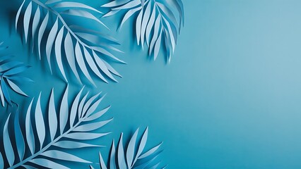 Top view of blue minimalistic paper cut palm leaves on blue background with copy space, panoramic shot