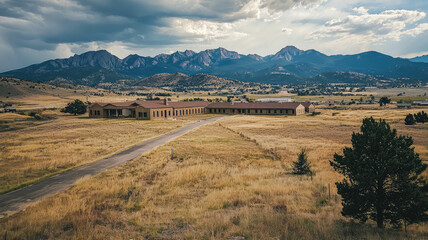 Fototapeta premium Rural hospital surrounded by open fields and mountains, showcasing natures beauty